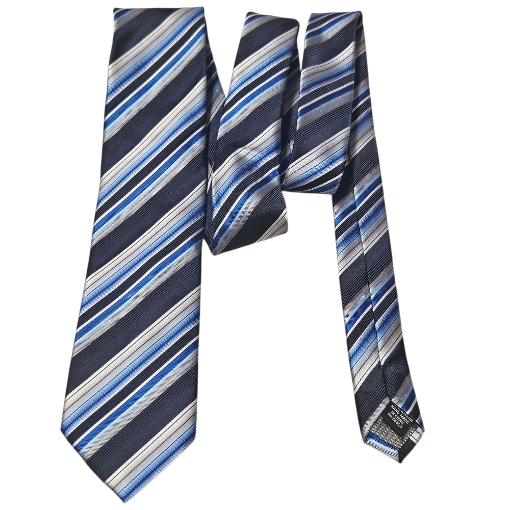 Classic Blue Silver Striped Necktie Handmade Polyester Men's Dress Tie